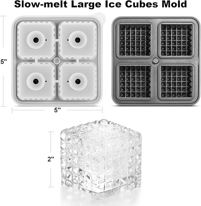 Nax Caki 3D Square Ice Cube Tray, Large Square Silicone Fun Shapes Whiskey Ice Mold with Funnel for Cocktails, Bourbon,Brandy, Whiskey Gifts for Men Black