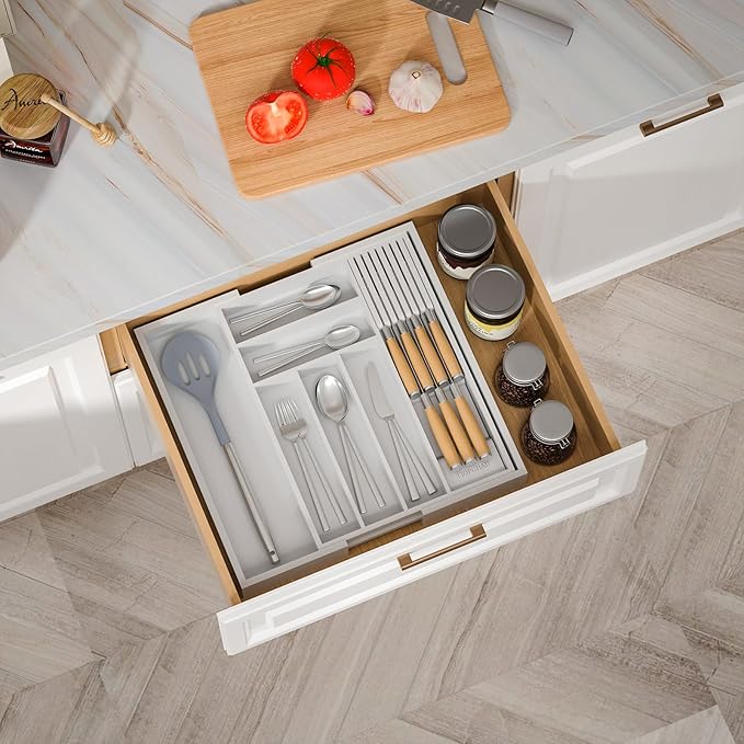 Bamboo-Silverware-Drawer-Organizer-Kitchen, Expandable Utensil Holder Cutlery Tray Flatware Organization Adjustable Wood Tableware Dividers Storage (with Removable Knife Block)(White)