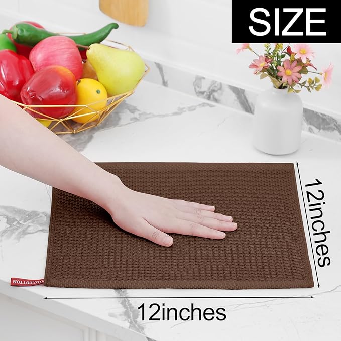 Homaxy 100% Cotton Waffle Weave Kitchen Dish Cloths, Ultra Soft Absorbent Quick Drying Dish Towels, 12 x 12 Inches, 12-Pack, Coffee