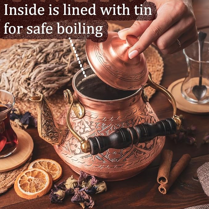 Vintage 100% Solid Pure Copper Turkish TeaPot Tea Kettle Pot for Stovetop Stove Top Traditional Decorative Fancy Arabic Moroccan Party Serving Kitchen Antique Handmade Unique Style Gooseneck Gift