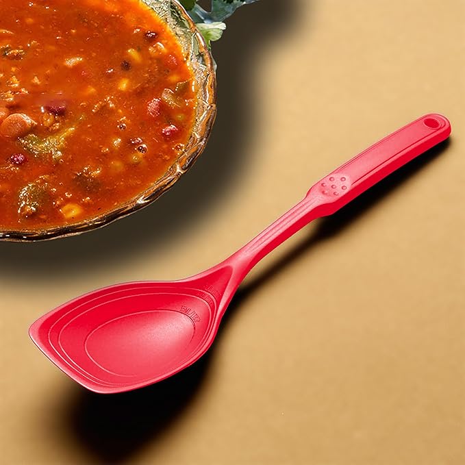Large Silicone Cooking Spoon, Non-Stick Solid Spoon set with Deep Bolw and Measurement Mark for Mixing, Serving, Draining, Scooping, Scraping, Heat Resistant Kitchen Utensils, Red