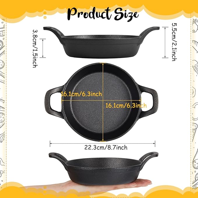 Mini Cast Iron Skillets 6.3 x 6.3 x 1.5 Inch Cast Iron Pan Small Ramekin Set Black Casserole Dish Cookware Oven Safe Mini Skillets for Kitchen Indoor Outdoor Picnic (4 Pack)
