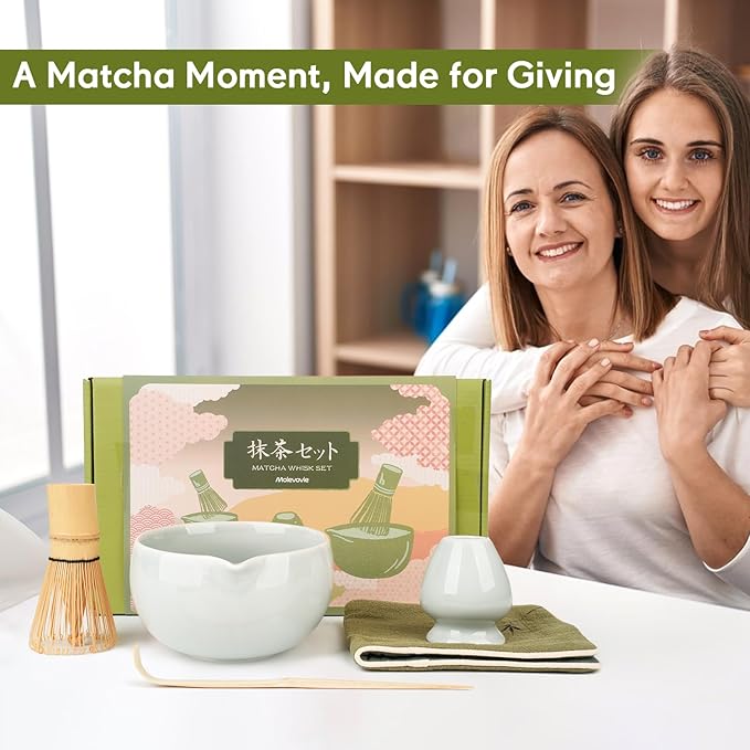 Matcha Whisk Set – Ceramic Matcha Set with Matcha Bowl, Matcha Whisk & Holder, Bamboo Scoop, Tea Towel – 5-Piece Japanese Matcha Kit for Matcha Lovers, Beginners & Gifting (Gray, 17oz)