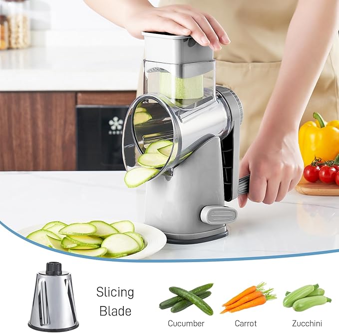 VEKAYA Cheese Grater, Cheese Grater Hand Crank, 4 Interchangeable Blades Cheese Shredder, Vegetable Slicer, Non-slip Suction Base, Easy to Clean Rotary Grater with Handle (Grey)