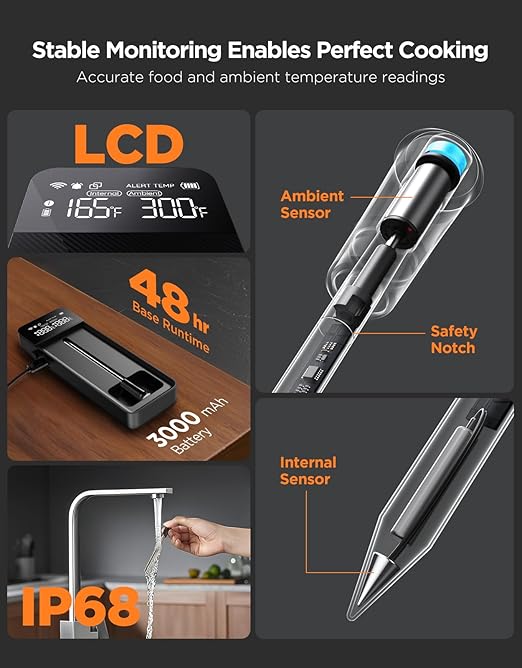 GoveeLife Bluetooth Wireless Meat Thermometer with Digital Standalone LCD Base, WiFi Unlimited Range, ±1.8℉ Accuracy, Food Grade Internal Ambient Sensor Probes for Kitchen, BBQ, Grill, Oven, Smoker