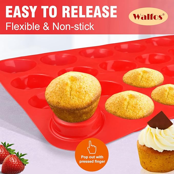 Walfos Mini Silicone Muffin Pan - 24 Cups, BPA Free and Dishwasher Safe, Non-stick Silicone Cupcake Baking Pan, Great for Making Muffin Cakes, Tart, Bread
