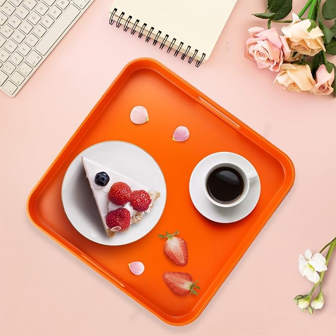 Square Orange Decorative Serving Tray with Handles, Versatile Ottoman Tray for Coffee Table, Entertaining, Outdoor Patio, Living Room, 13”*13”*1.6”
