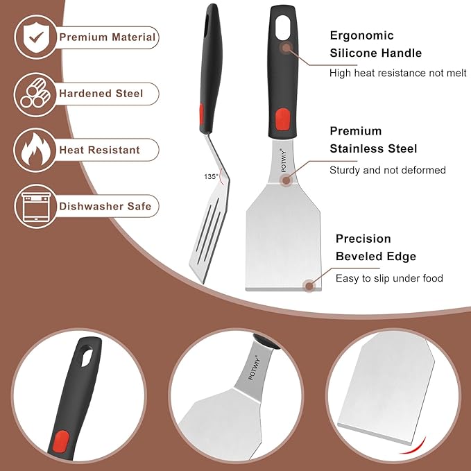 Stainless Steel Spatula Set, 2 Pack Small Metal Spatulas for Kitchen Use, Solid and Slotted Turner with Silicone Handle, Spatula for Cast Iron Skillet Cooking, Cookie and Brownie Serving
