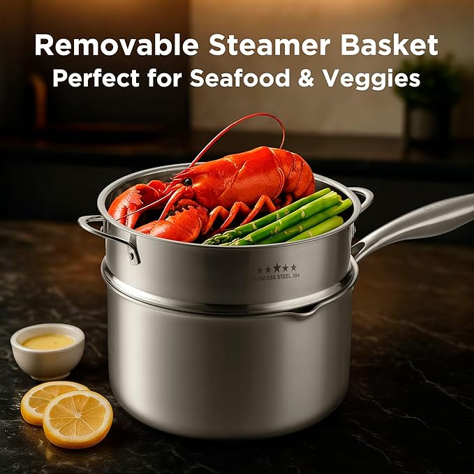 Tri-Ply Stainless Steel Sauce Pan with Steamer Basket & Straining Glass Lid— 2-in-1 Multi-Function Pot for Steaming, Boiling & Simmering — Healthy, Durable, Rust-Resistant, Professional-Grade Cookware