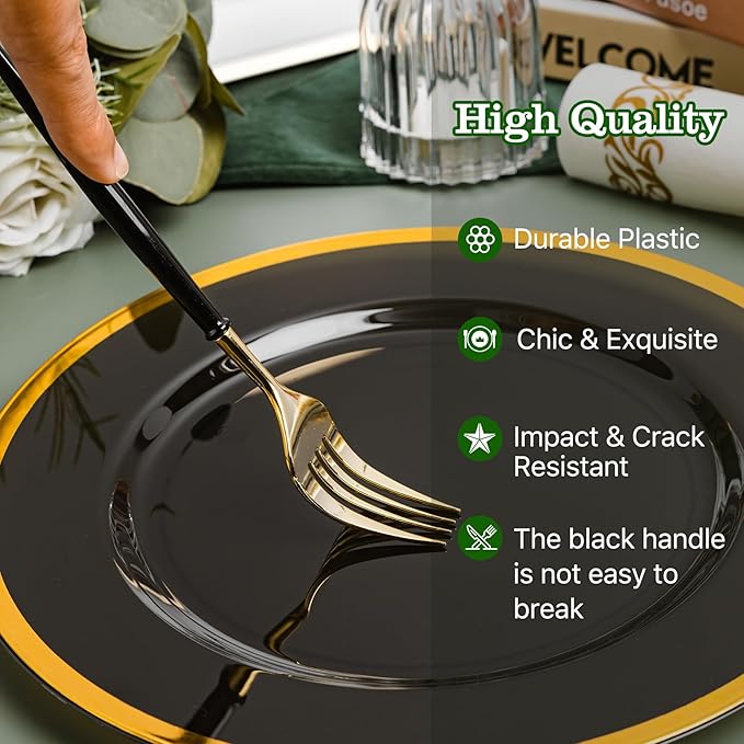 N9R Gold Plastic Cutlery Set - 90pcs with Black Handle - Fancy Plastic Silverware, Heavy Duty - 30 Spoons, 30 Forks, 30 Knives for Halloween and Everyday Use