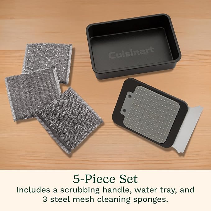 Cuisinart 5-Piece Grill & Griddle Scrubber Set, Bristle Free Stainless Steel 3 Steam Cleaning Sponges with Water Tray, Perfect for Grill & Griddle Cleaning Easy Stain Remover, BBQ & Camping Tool