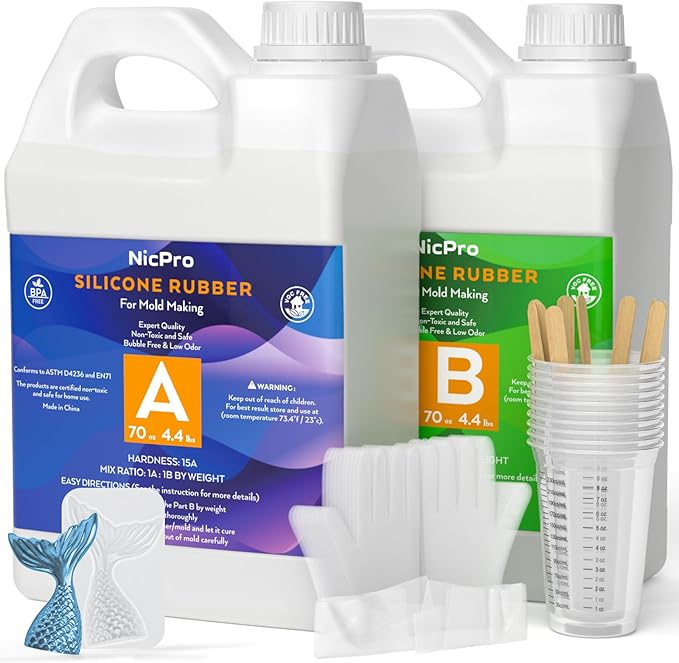 Nicpro 140oz Silicone Mold Making Kit, 15A Platinum Liquid Silicone Rubber, Flexible Silicone Molds Maker Mix Ratio 1:1 for Casting 3D Resins Candle Soap Molds DIY with Gloves, Sticks, Mixing Cups