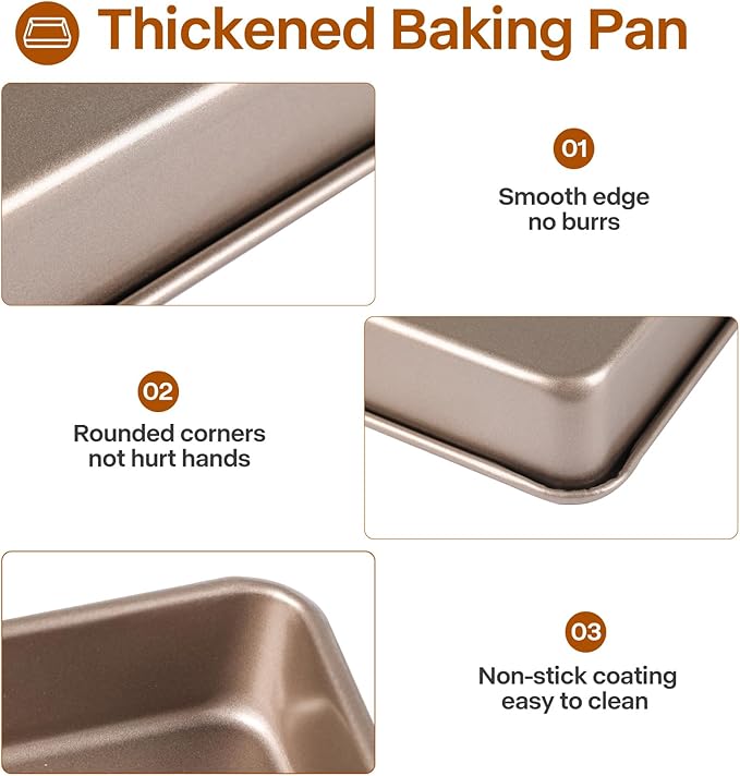 Rectangle Cake Pan, 9x11 Baking Pan, Deep Bread Pan Nonstick, Toaster Oven Tray Bakeware for Brownies, Heavy Duty, 11x9x2 Inch, Pack of 2, Gold, Easy Release