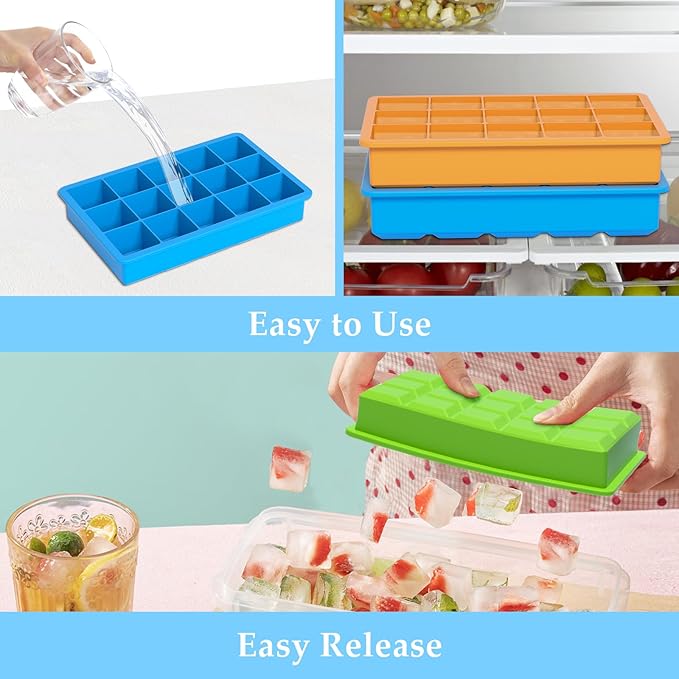 Ice Cube Tray, 3 Pack Silicone Ice Tray Easy-Release Flexible 15 Ice Cube Molds, Stackable Ice Trays for Freezer, Ice Cube Size 1.2 IN for Cocktail, Whiskey, Juice, Baby Food, BPA Free