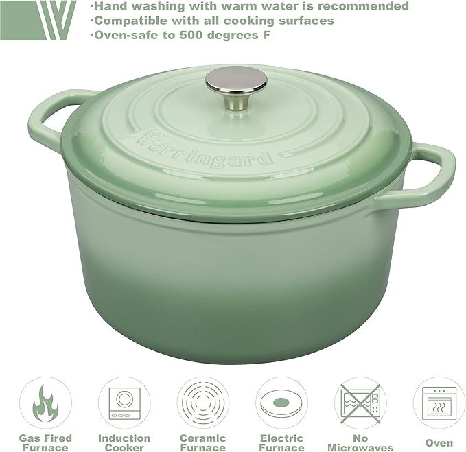 Enameled Cast Iron Dutch Oven Pot with Lid, for Sourdough Bread Baking, Round Dutch Ovens, 6 Quart, Green