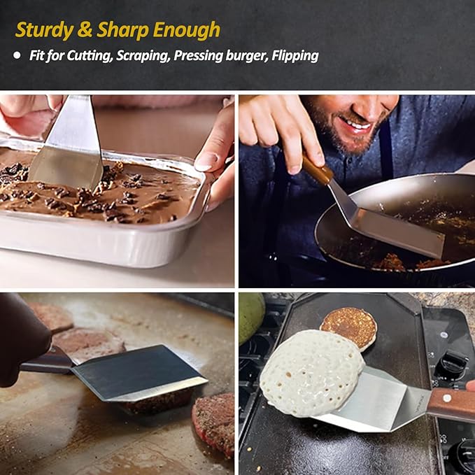 Stainless Steel Metal Spatula Set For Griddle, Grill Spatula Scraper for BBQ/Flat Top Grill- Full Tang Handle -Thicked Blade- Beveled Edges, Great Griddle Accessories for Pancake/Dough Cutter