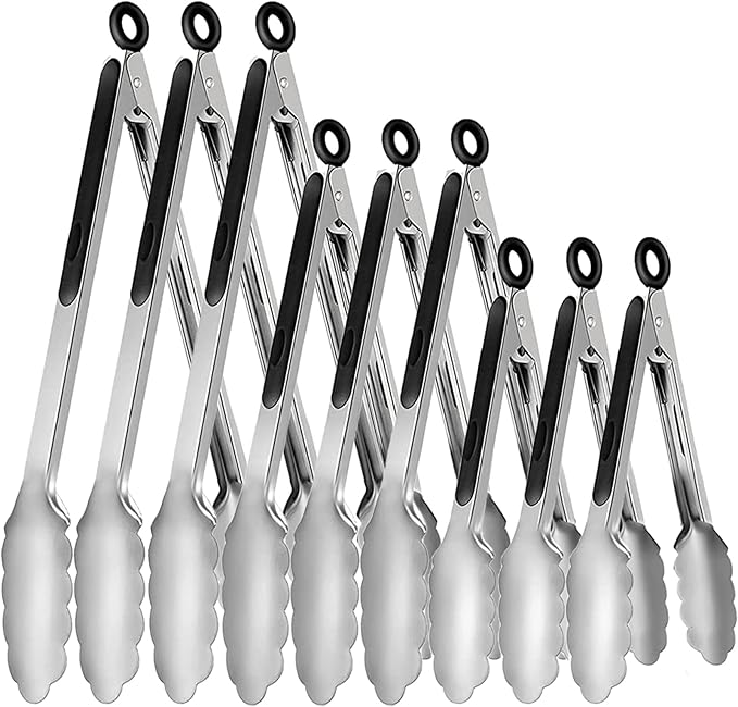 9 Pieces Stainless Steel Kitchen Tongs Grilling Locking Cooking Tongs Non-Slip Metal Food Tongs for Cooking, Salad and BBQ, 7, 9 and 12 Inch