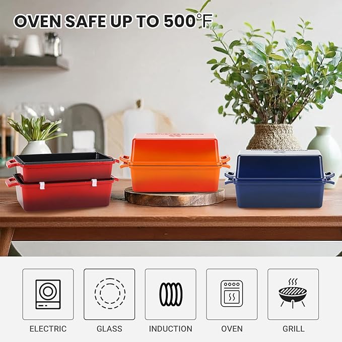 9x5 Inch Enameled Cast Iron Bread Loaf Pan with Lid, Perfect Sourdough Baking Pans | Even Heat Distribution for Homemade Bread, Cake, Meatloaf，2 Piece set，Red