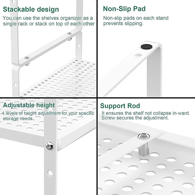 iPEGTOP 3 Pack Large Expandable Cabinet Storage Shelf, Heavy Duty Stackable Steel Metal Spice Rack Adjustable Height Home Office Pantry Garage Shelves for Counter Kitchen Organization, White