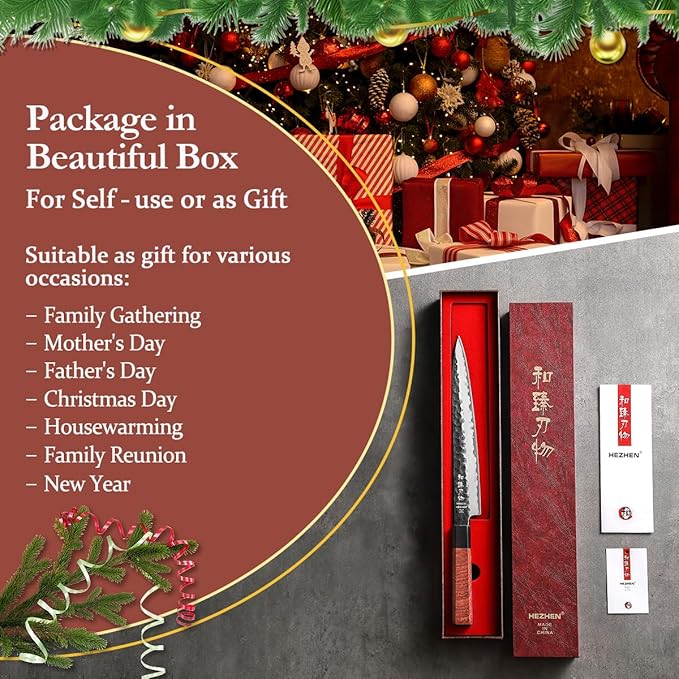 HEZHEN Carving Knife, 10 Inches, Meat Cutting and BBQ Knife, 3 Layers High Carbon Clad Steel Brisket Slicing,Breaking Butcher, Redwood Octagonal Handle