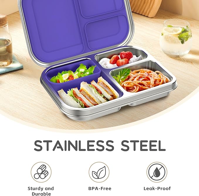 Stainless Steel Kids Leak-Resistant Bento Lunch Box, 3-Compartments with Silicone Container, Dishwasher-Safe, Child-Friendly Design for School, Picnics & Travel,BPA-Free(Purple)