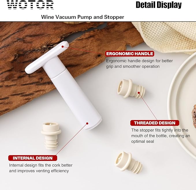 WOTOR Wine Saver Vacuum Pump with 8 Stoppers, Wine Stopper & Preserver, Reusable Bottle Sealer Keeps Fresh, Ideal Accessories Gift, Flat Handle (White)