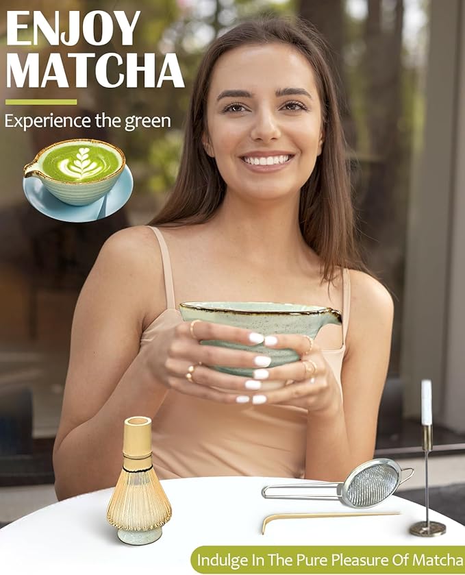 Matcha Whisk Set with Matcha Bowl, Matcha Whisk Holder Matcha Bamboo Whisk, Scoop, Sifter, Unique Gifts for Women Men Girl Friend Home Kitchen Decor Gifts for Tea Enthusiasts Christmas