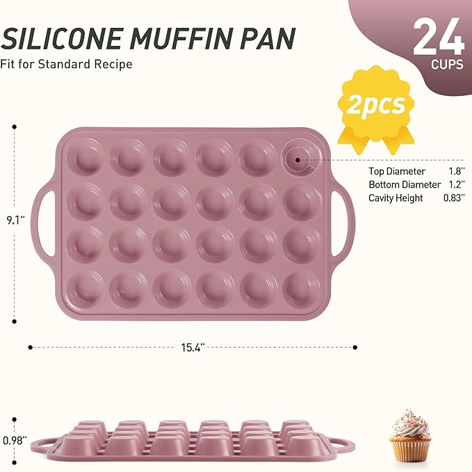 2 Packs 24 Cups Silicone Muffin Pan with Metal Reinforced Frame Mini Size Cupcake Pan Tray Egg Bites Silicone Circle Cookie Molds Muffin Tin Tart Pans Baking Sheet Set for Breakfast Sandwiches