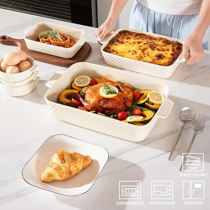Sweejar Ceramic Baking Dish Set, Cake Baking Dish for Brownie, Porcelain Striped Casserole Dishes for Oven with Handle for Lasagna, Family Dinner(Beige)