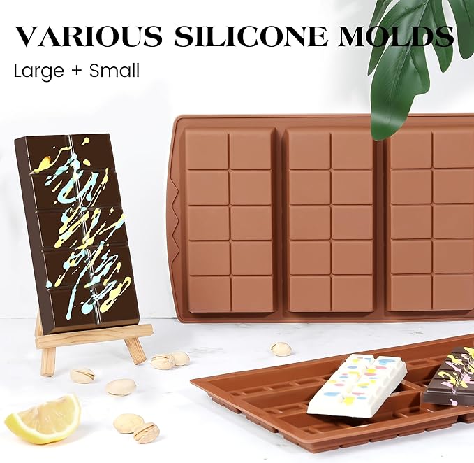 2 Pcs Chocolate Bar Molds Deep Large Chocolate Molds Silicone Break Apart Thick Silicone Molds for Candy Bar, With 100 Pcs Bags and 1 Pc Scraper Set (10 Snap）