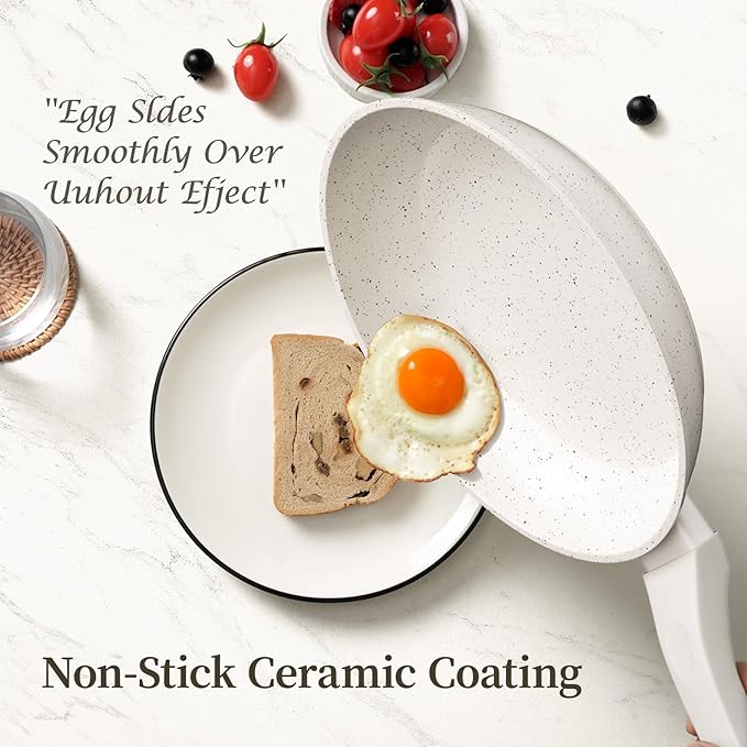 8 Inch Non Stick Frying Pan - White Ceramic Non Stick Skillet Frying Pans, Safe&No Toxic Egg Omelette Frying Pan, Small Nonstick Cookware Cooking Pan, Induction Compatible, PFOA&PFAS Free