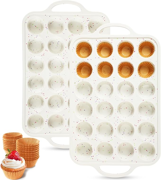 2 Silicone Muffin Pans for Baking with 200 Mini Cupcake Liners, Back to School 1st First Day of School Kitchen Dorm Room Bakeware Supplies, Muffin Tin(24-Cup Mini)