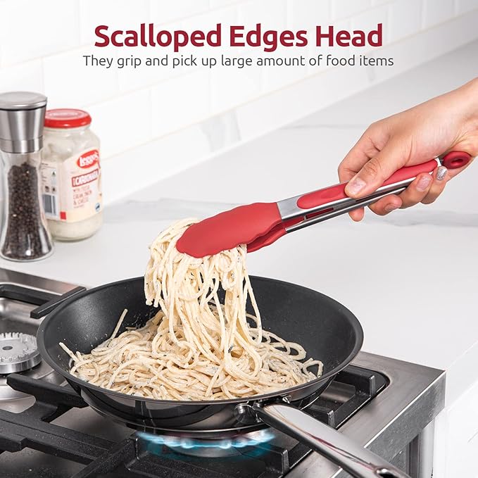 Heat Resistant Silicone Kitchen Tong: U-Taste 9 inch 480ºF Hot Proof Cooking Tong with Firm Sealed Non Stick Rubber Tips & Silicon Coated Steel Handle & Smooth Locking for Serving Grill Salad (Red)