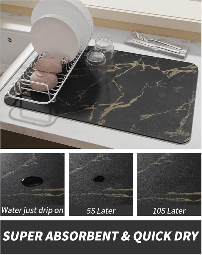 AMOAMI Coffee Mat - Hide Stain Rubber Backed Absorbent Dish Drying Mat for Kitchen Counter - Black & Gold