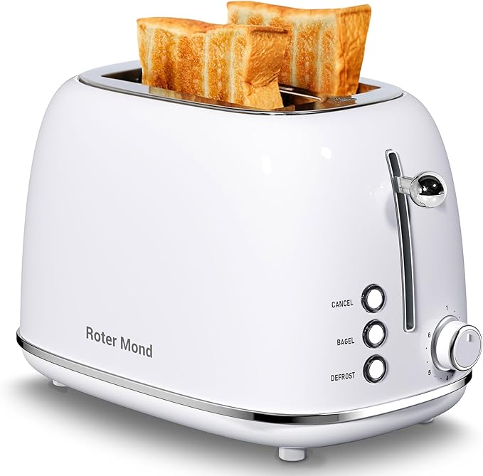 Roter Mond 2 Slice Toaster Retro Stainless Steel with Bagel, Cancel, and Defrost Functions, 6 Bread Shade Settings, Extra Wide Slots and Removable Crumb Tray, White
