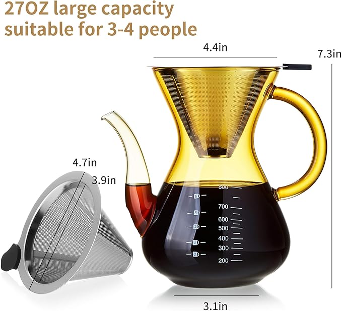 Unbreakable - Pour Over Coffee Maker with Double Stainless Filter 34 fl oz, Thickened Heat-Resistant Borosilicate Glass Pour Over Coffee Dripper, Stovetop Safe