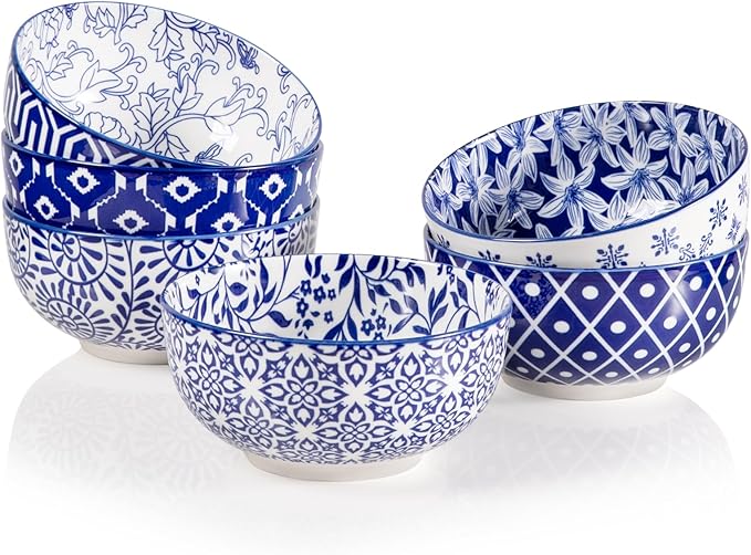 Sweejar Ceramic Cereal Bowls Set, 29 Oz Soup Bowls Microwave & Dishwasher Safe, 6.1 Inch Deep Porcelain Serving Bowls for Kitchen, Fruit, Ramen, Salad, Pasta, Set of 6(Vintage Blue)