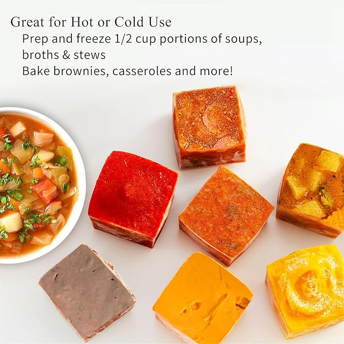 1/2 Cup Silicone Freezer Tray With Lid,Silicone Freezer Molds 3-Pack For meal prep & freezing of various sauces and other dishes, makes 18 perfect 1/2 cup portions cubes (Multicolor 3 Pack)