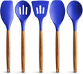 Zulay Kitchen Non-Stick Silicone Cooking Utensils Set with Acacia Wood Handles - 5 Piece Set - Heat Resistant to 464F - Dark Blue