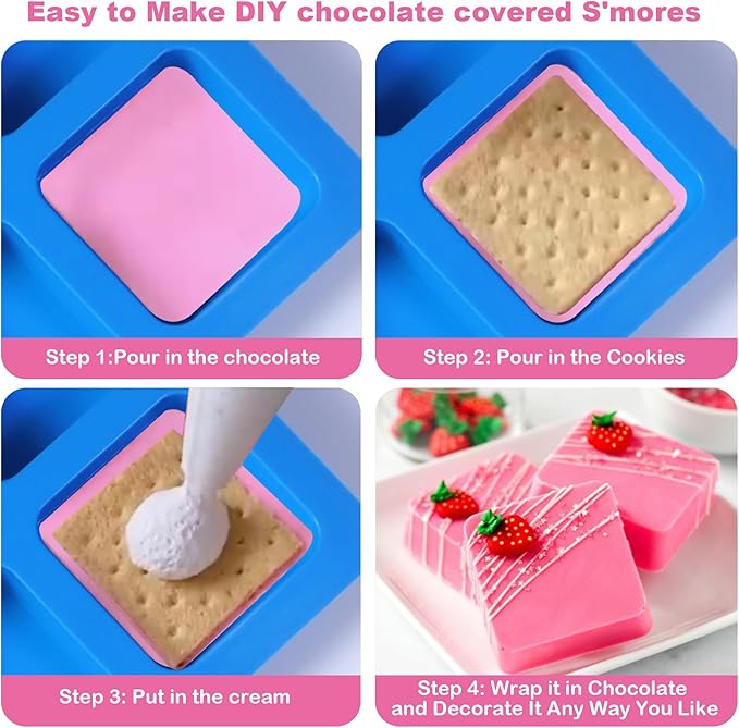 Sidosir 3Pcs Chocolate Covered Cookie S'mores Molds Silicone, 6-Cavity Square Caramel Silicone Molds for Fat Bombs, Chocolate Truffles Mold for Hard Candy, Ice Cube