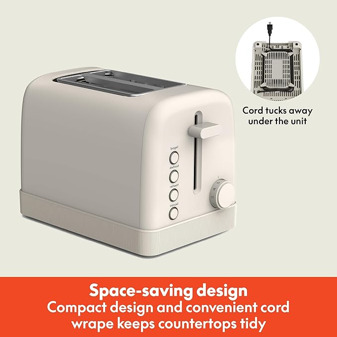 bella 2 Slice Toaster, 6 Setting Shade Control w Reheat, Cancel, Bagel & Defrost Buttons, Removable Crumb Tray, Anti Jam & Auto Shutoff, Auto Centering Guides & Cord Wrap, 900 Watt, Oatmilk