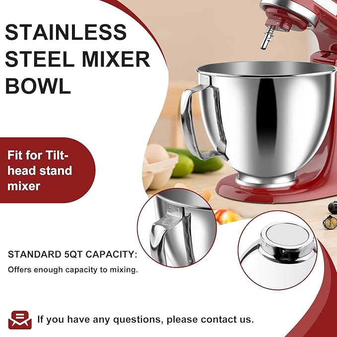 Stand Mixer Bowl 304 Stainless Steel for 4.5QT-5QT Tilt-head Stand Mixer, Stainless Steel Kitchne Mixer Bowls for Tilt-Head Stand Mixer,Kitchne Mixer Replacement Bowl Accessories-MIFLUS