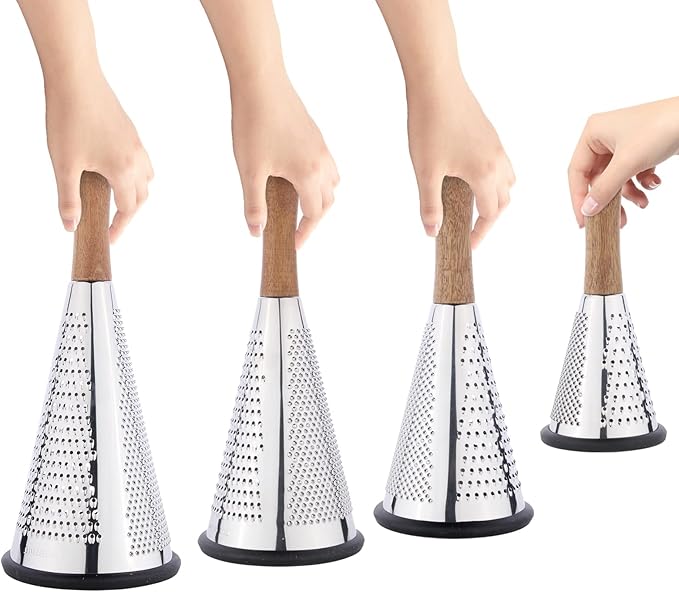 Cone Cheese Grater with Handle Stainless Steel Triple Function Wood Handle Parmesan Shaver Non-Slip Rubber Bottom Hand Held Multifunction Vegetables Cheese Grater with container (L: 10.6" X 4.7")