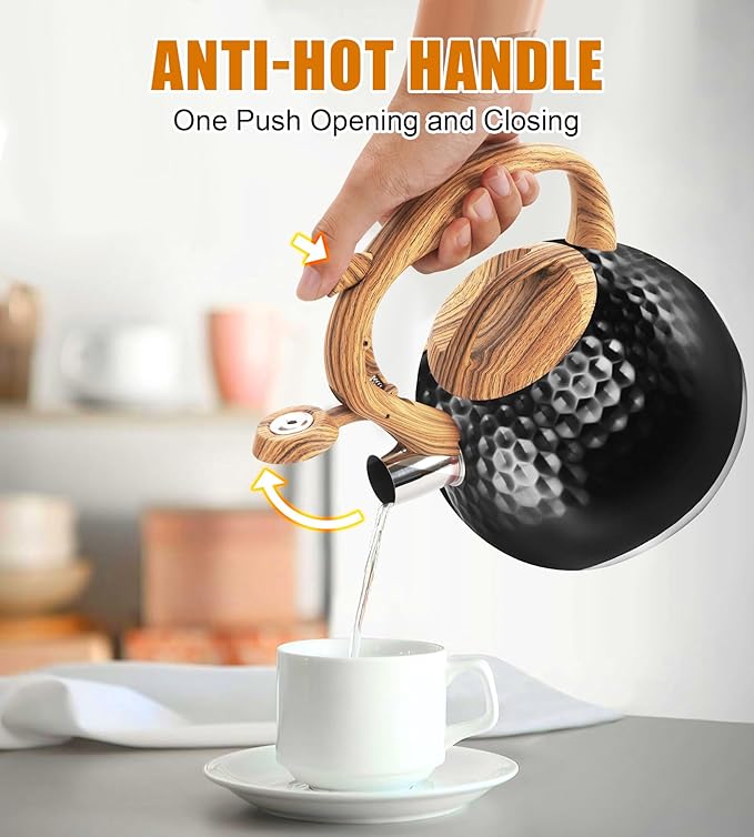 Tea Kettle 3.2Qt Stainless Steel Stovetop Whistling Pot with Heat-Resistant Handle, Fast Boiling Water for Home Kitchen, Induction Compatible & Rust-Proof - Black