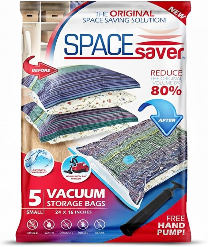 5 Pack Small Vacuum Storage Bags for Comforters, Blankets & Clothes – Vacuum Sealed Compression Bags with Hand Pump – Space Saver Storage Bags for Bedding, Moving, Travel & Organization