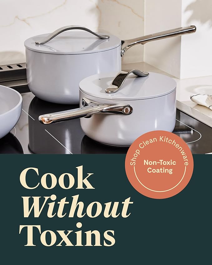 Caraway Nonstick Ceramic Sauce Pans with Lids (3 qt & 1.75 qt) - Non Toxic, PTFE & PFOA Free - Oven Safe & Compatible with All Stovetops (Gas, Electric & Induction) - Cream