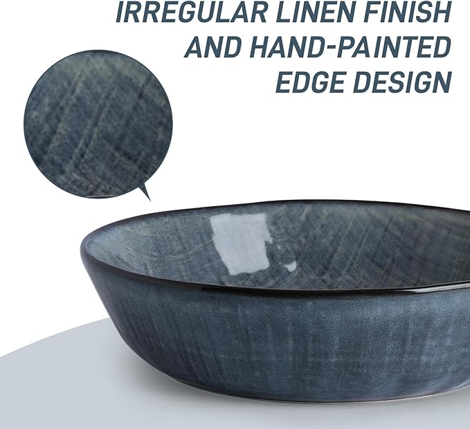 famiware Moonlight 8.5 Inch Pasta Bowls Set of 4, 32oz Serving Bowls for Kitchen, Soup Bowl with Linen Finish, Large Stoneware Bowls for Festivals, Housewarming, Dinnerware, Dark Blue