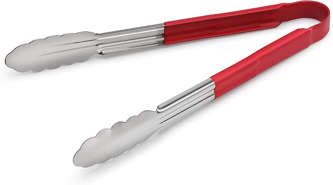New Star Foodservice 35773 12-Inch Utility Spring Tongs, Stainless Steel, Vinyl Coated, Set of 12, Red