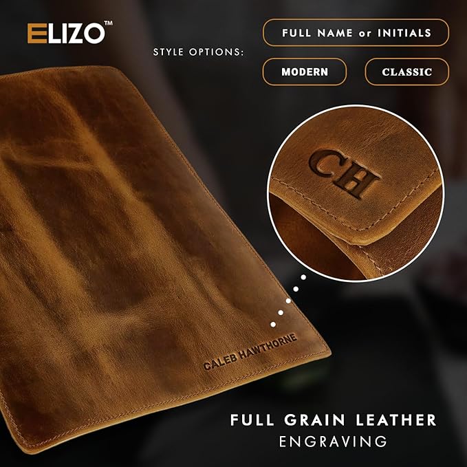 ELIZO Personalized Premium Full Grain Leather Chef Knife Roll, 17L x 14W inches Knife Storage Travel Case, Professional Customizable Chef Knife Case - Holds 4 Chef Knives