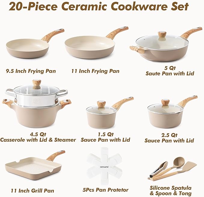 SENSARTE Ceramic Cookware Sets, Pots and Pans Set Nonstick, 20-Piece Induction Cookware, Non-toxic Healthy Non Stick Kitchen Cooking Set with Stay-Cool Handles, PFAS PTFE PFOA PFOS Free